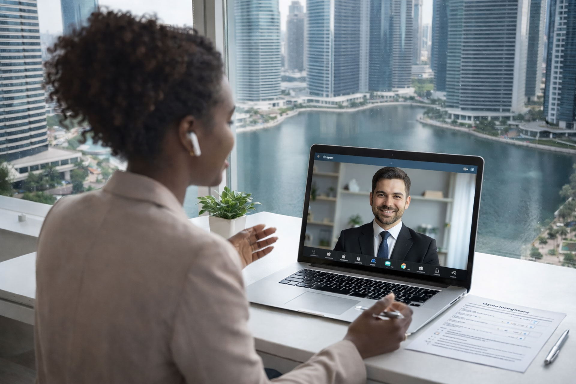 A woman is calling with client